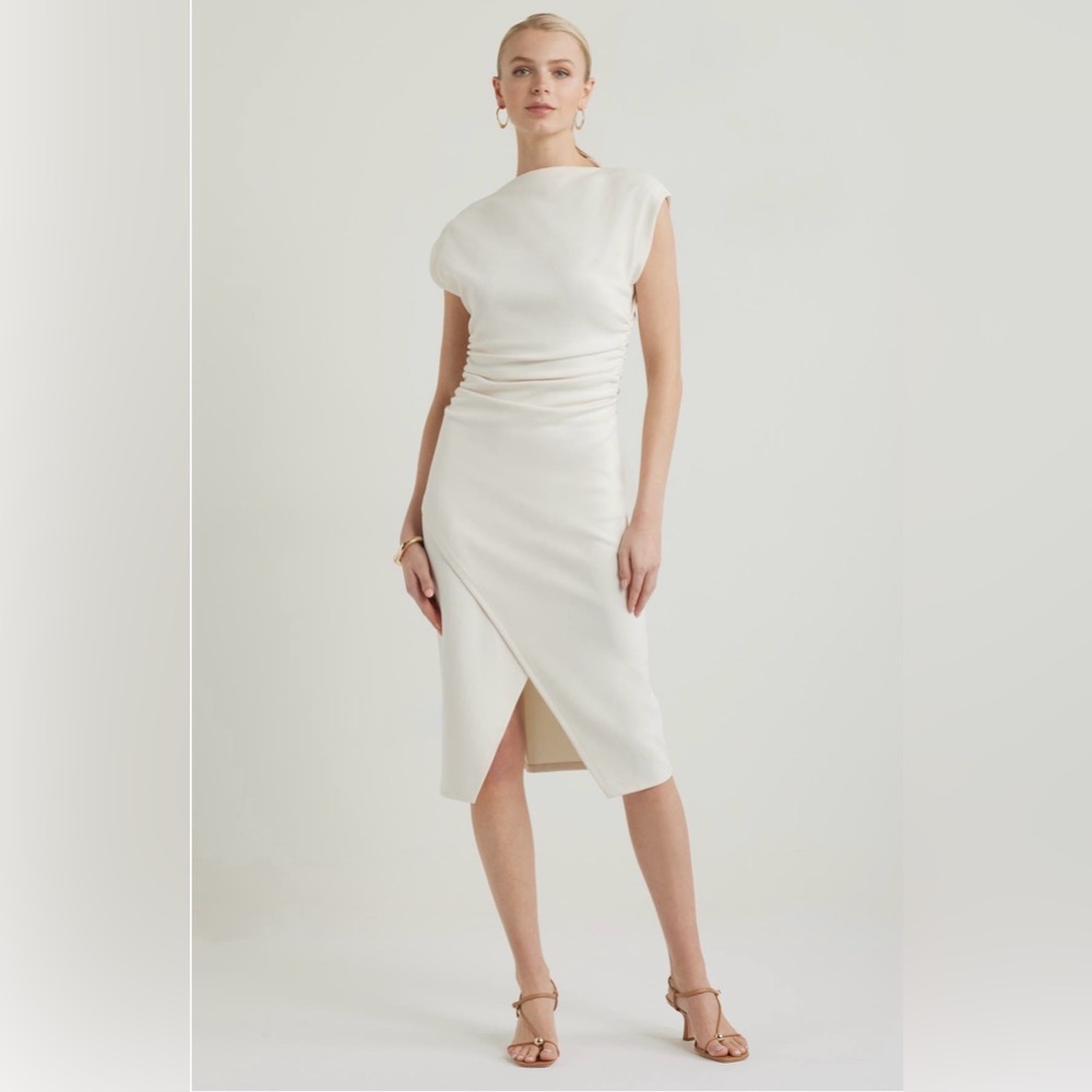 Nordstrom Ruched Funnel Neck Cap Sleeve Midi Dress in Ivory Size L